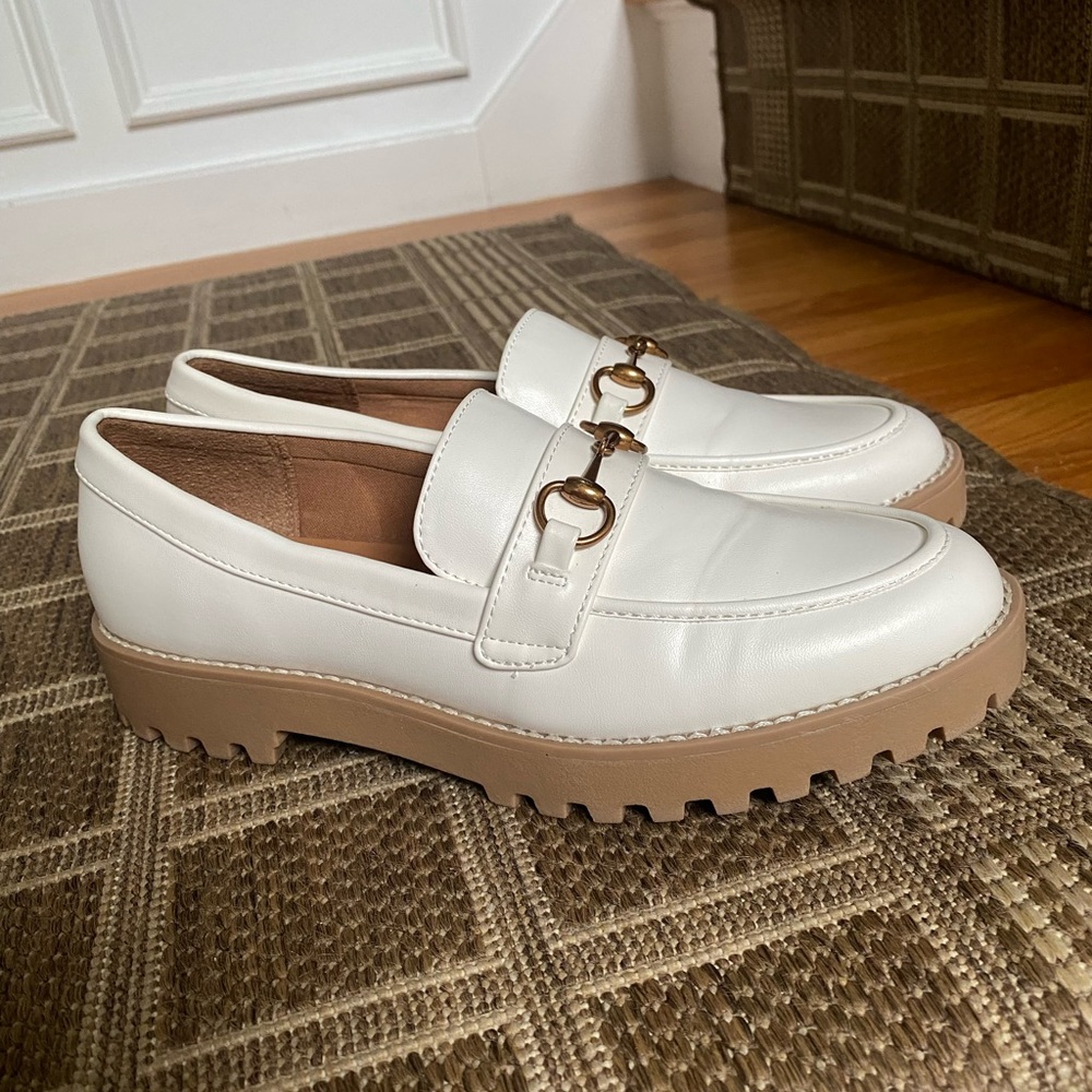 White Loafers with Gold Buckle